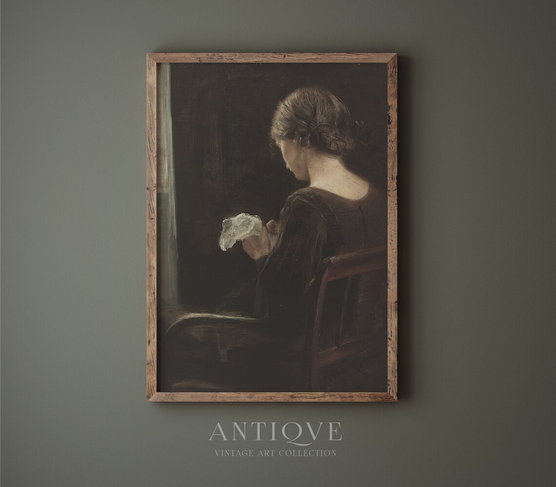 Woman Sewing Antique Oil Painting Art Print - Image 3