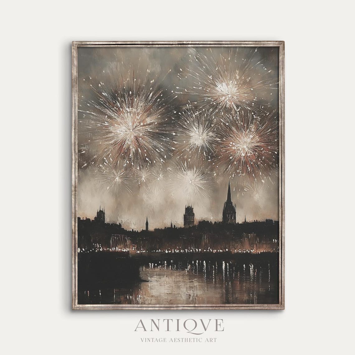 Fireworks Over City Skyline Vertical Oil Painting Festive Print - Image 2