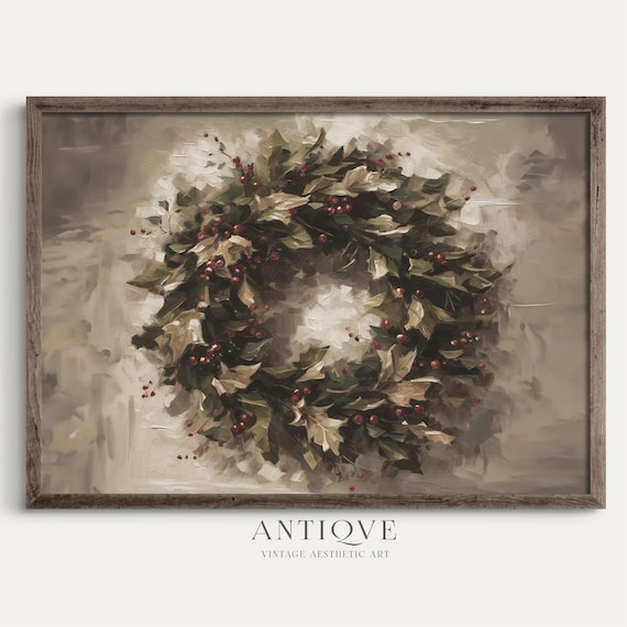 Christmas Wreath With Holly Berries, Holiday Art Print