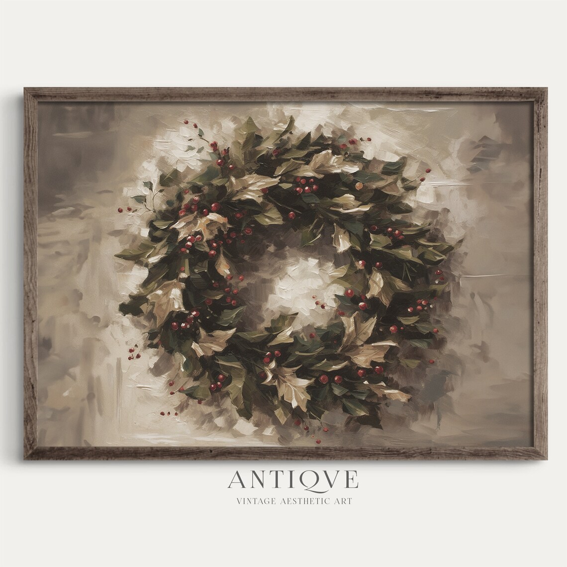 Christmas Wreath With Holly Berries, Holiday Art Print