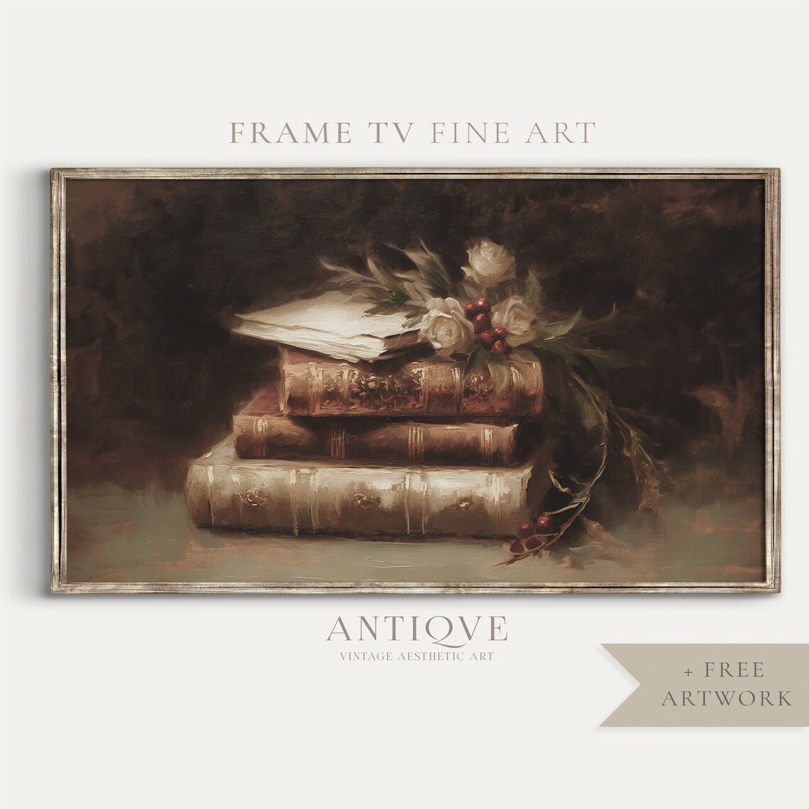 Vintage Books Christmas Still Life with Holly Art Print
