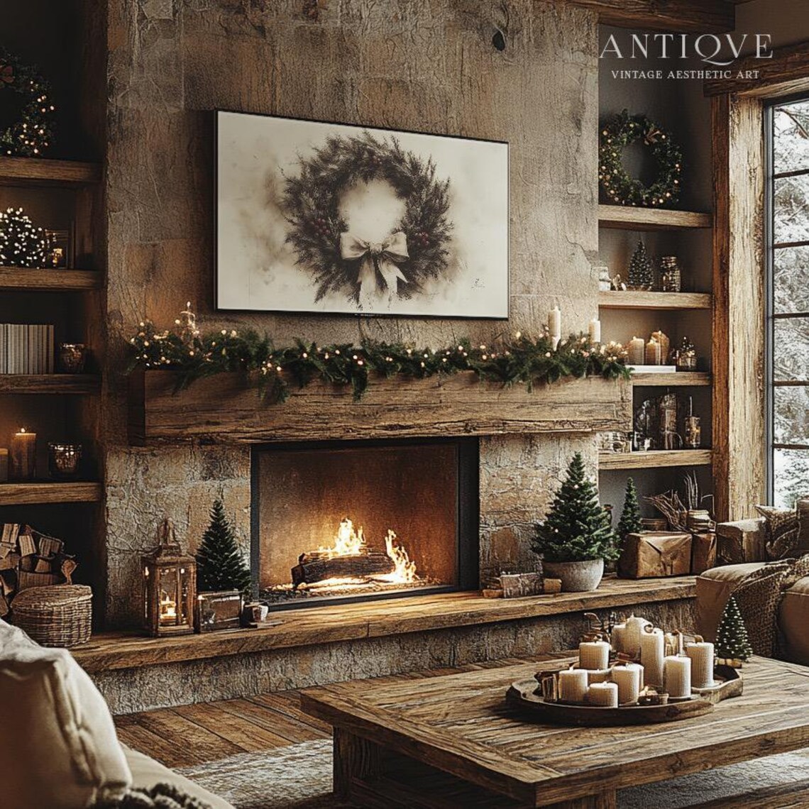 Christmas Wreath with Ribbon Bow Neutral Sketch Holiday Wall Art - Image 2