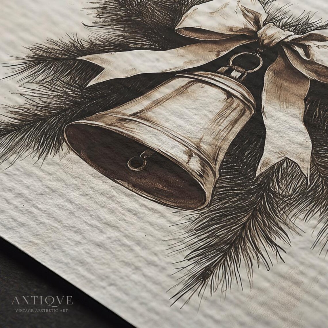 Vintage Holiday Bell Sketch, Rustic Christmas Art