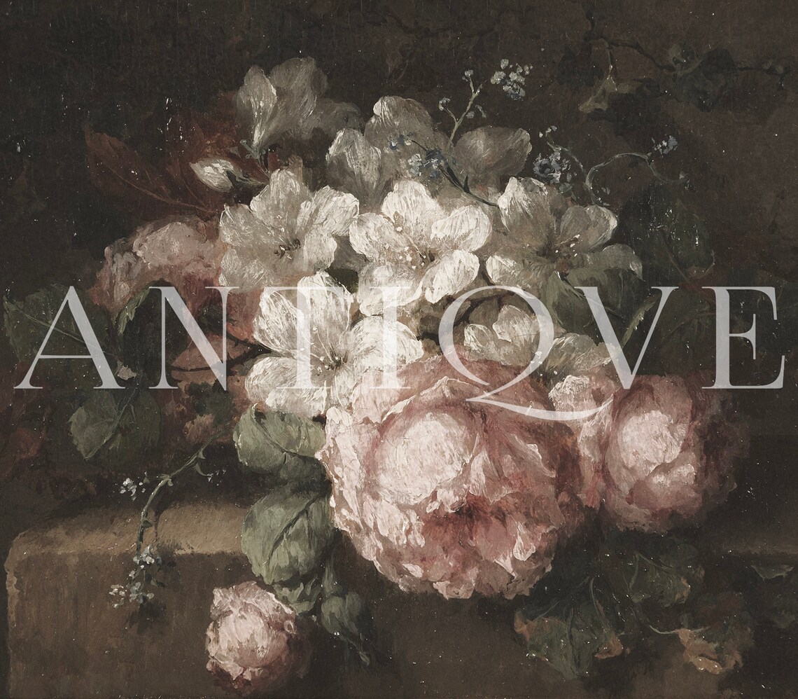 Moody Vintage Still Life Roses Oil Painting Art Print - Image 2