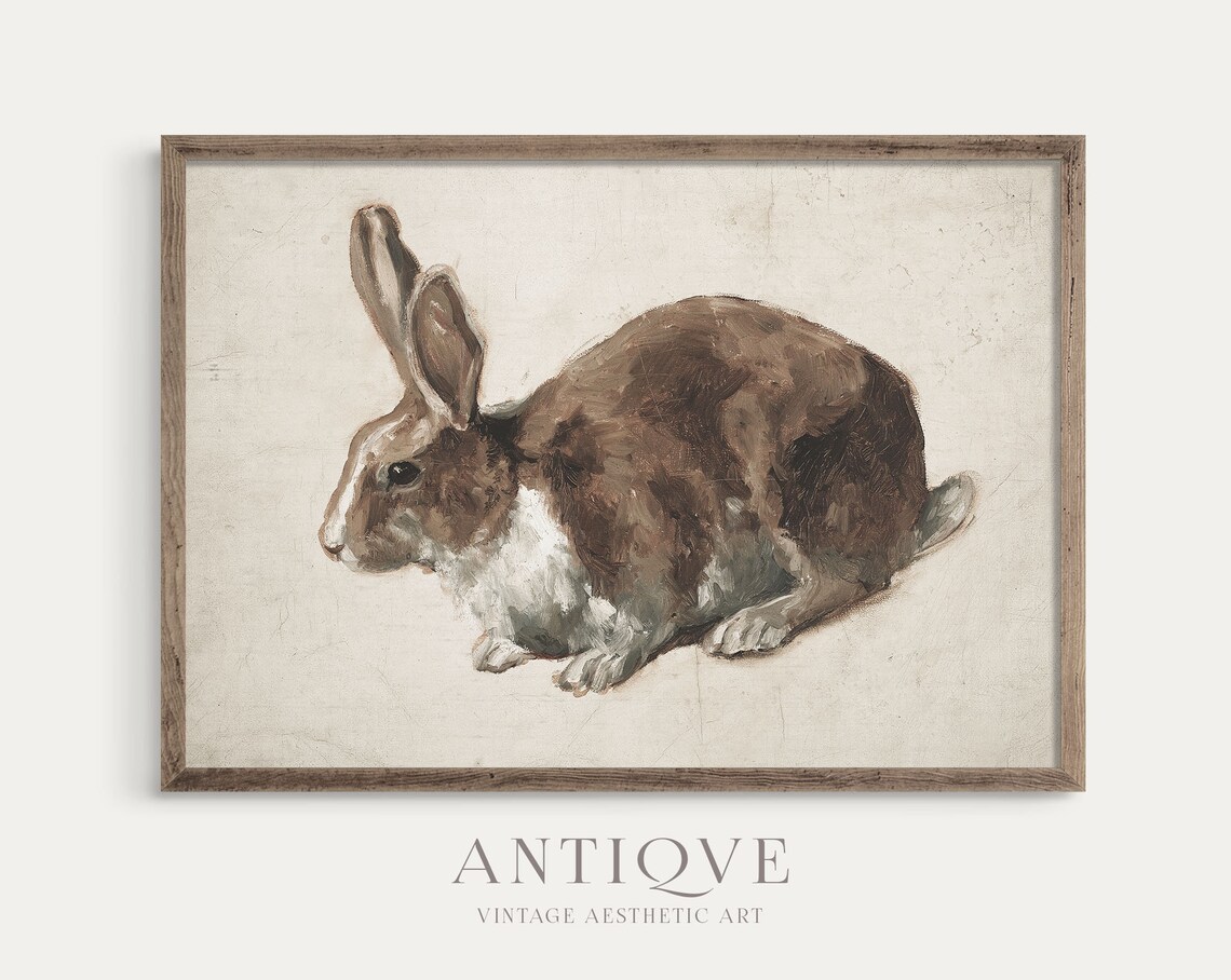 Vintage Neutral Hare Painting Art Print, Earth Tones
