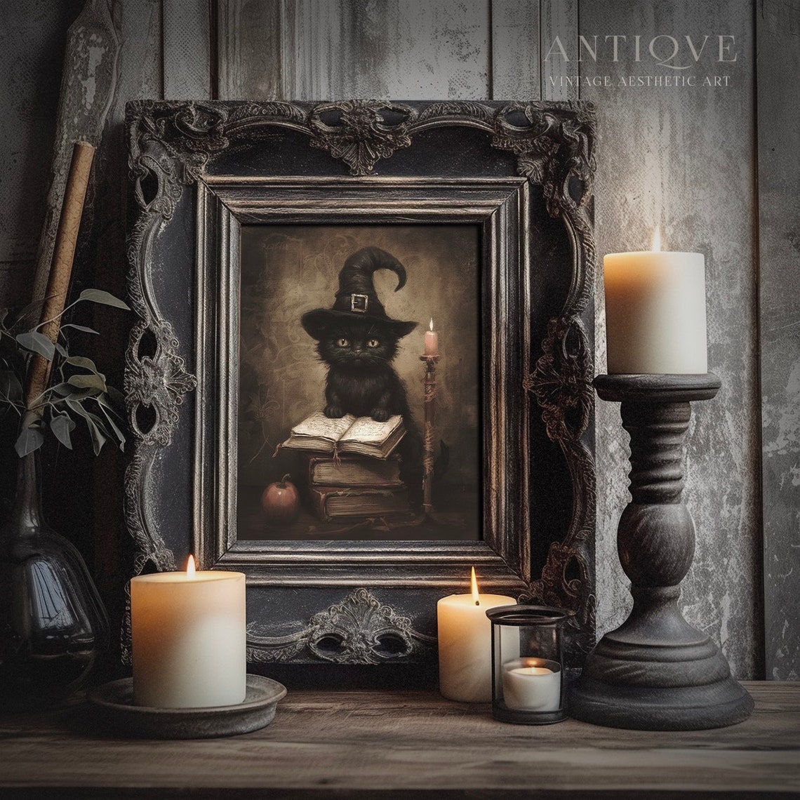 Vintage Cat Witch, Halloween Art Print - Image 2