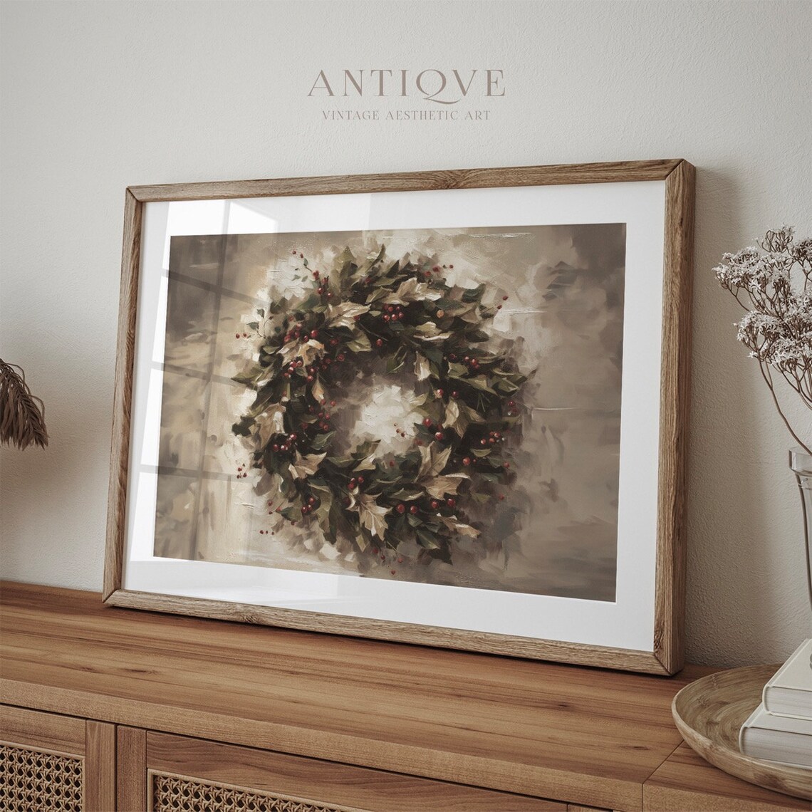 Christmas Wreath With Holly Berries, Holiday Art Print - Image 2