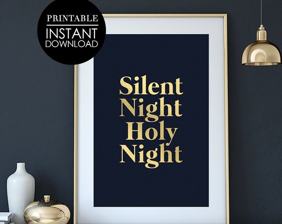Silent Night Holy Night Gold Navy Christmas Carol Typography Poster