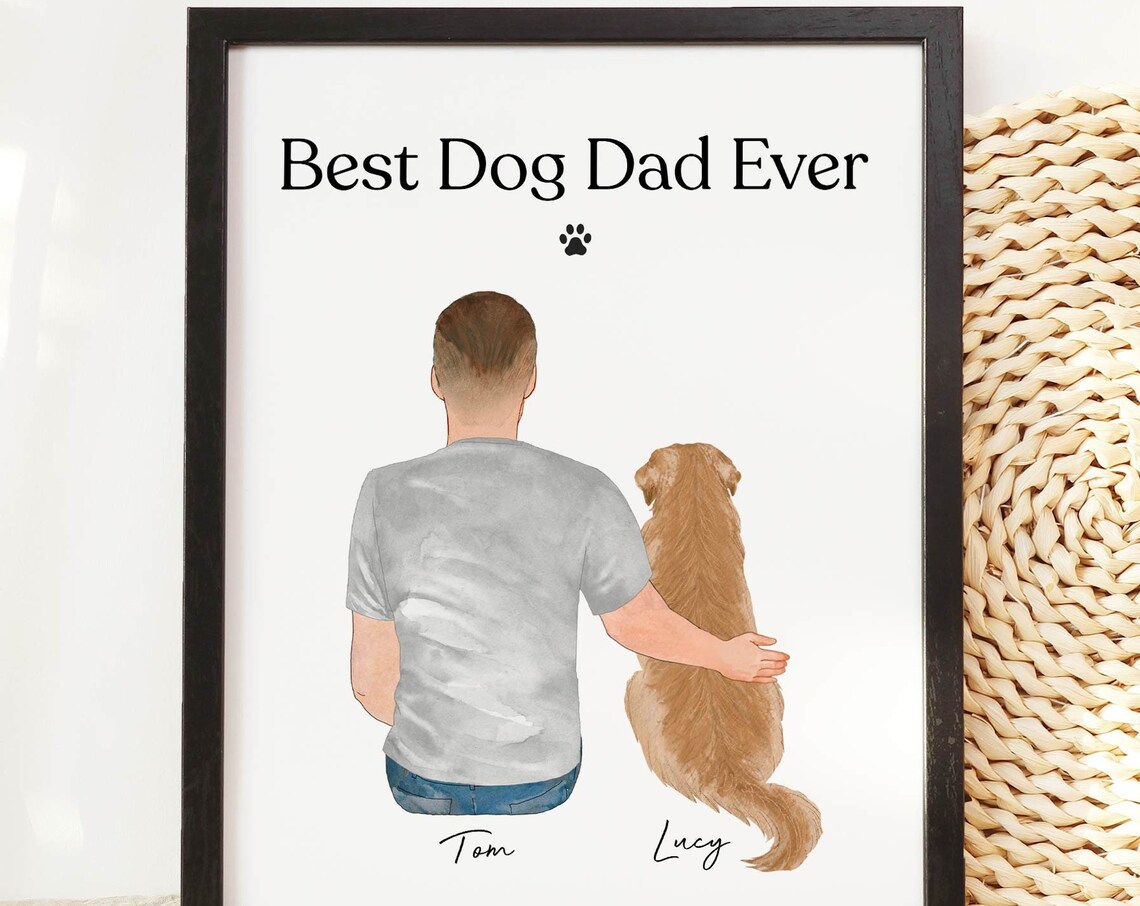 Best Dog Dad Ever Man With Dog Watercolor Pet Portrait Poster