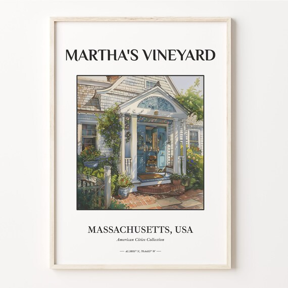 Marthas Vineyard Cottage Porch Garden Blue Door Watercolor Poster
