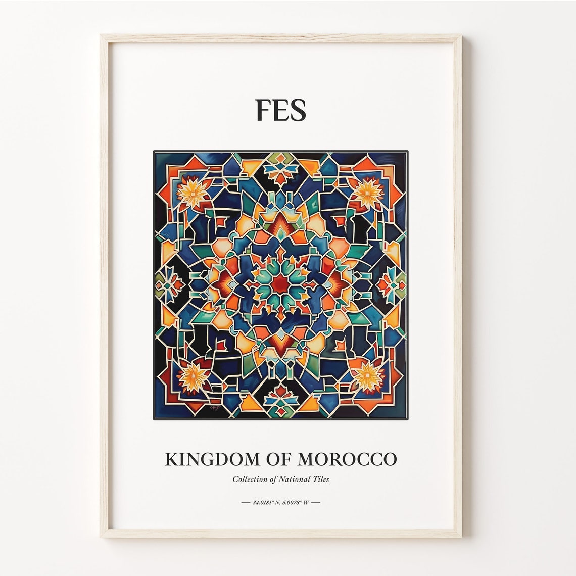 Fes Morocco Zellige Geometric Mosaic Tile Art Dark Blue Poster