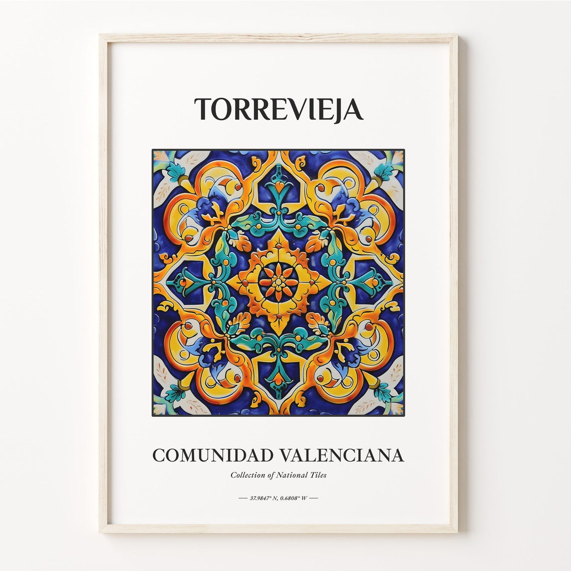 Torrevieja Spain Sunburst Medallion Blue Orange Tile Art Poster