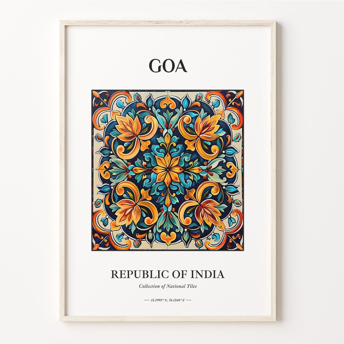 Goa India Tile Poster with Blue Orange Floral Mandala Design