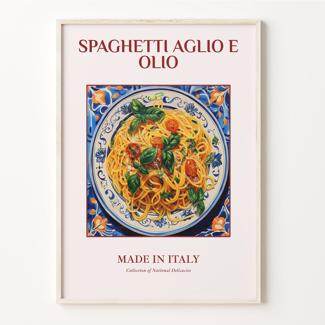 Spaghetti Aglio e Olio Italian Pasta Basil Tile Plate Art Poster