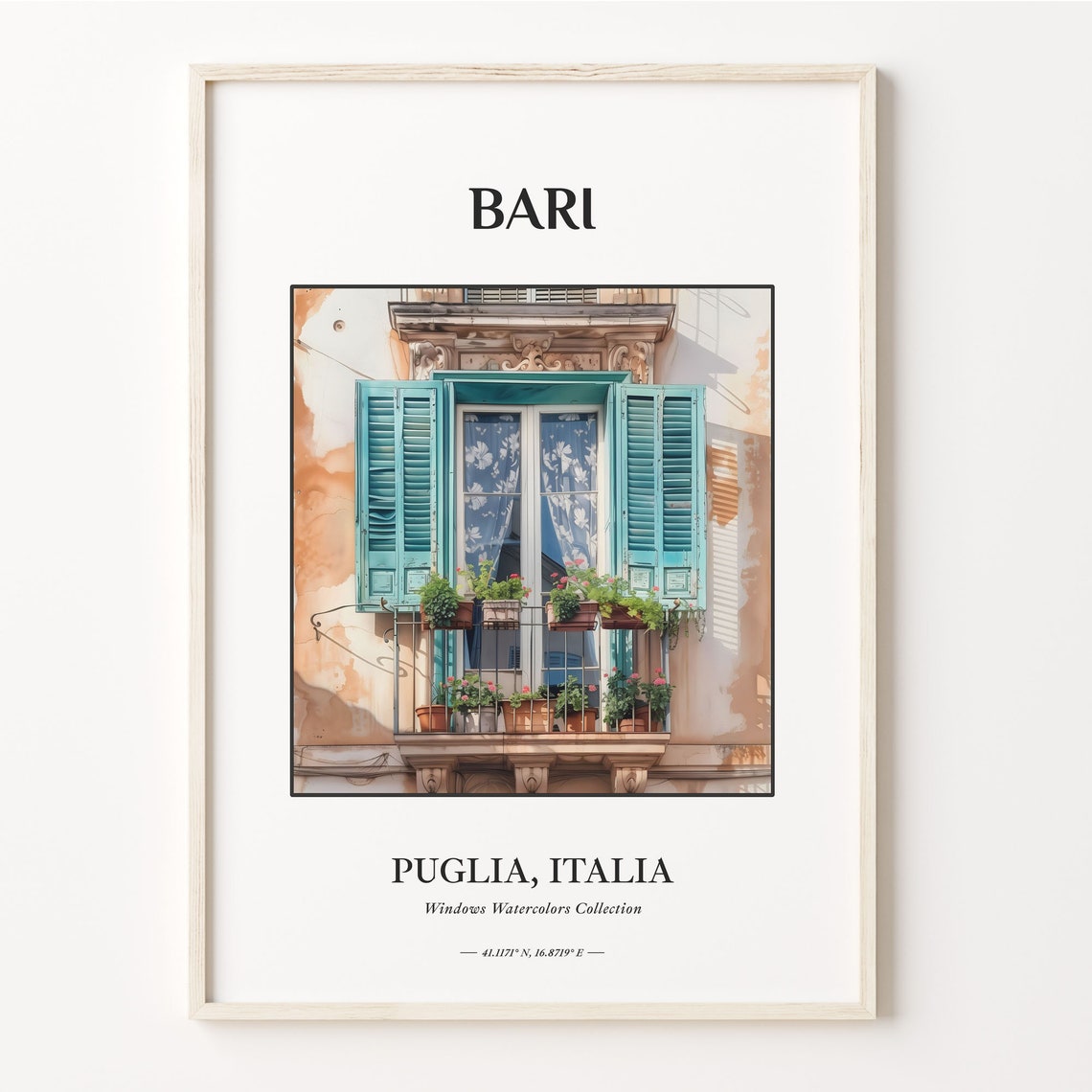 Bari Italy Puglia Watercolor Balcony Turquoise Shutters Art Poster