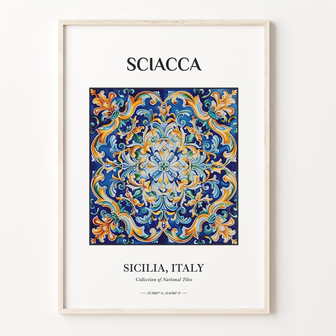 Sciacca Italy Sicily Blue Gold Floral Tile Art Travel Poster