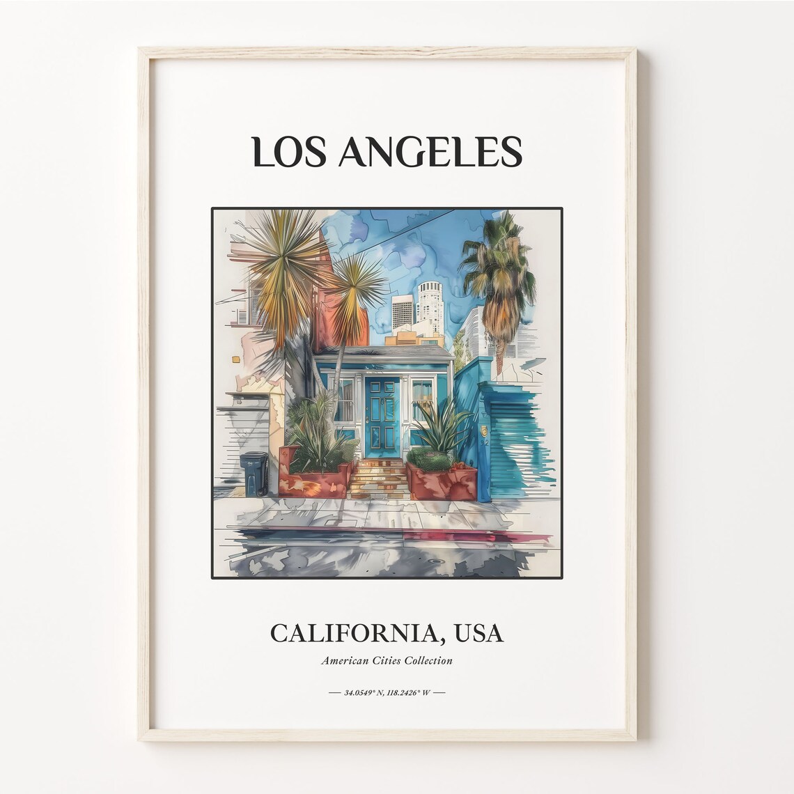 Los Angeles California Blue Door Street Watercolor Home Decor Poster