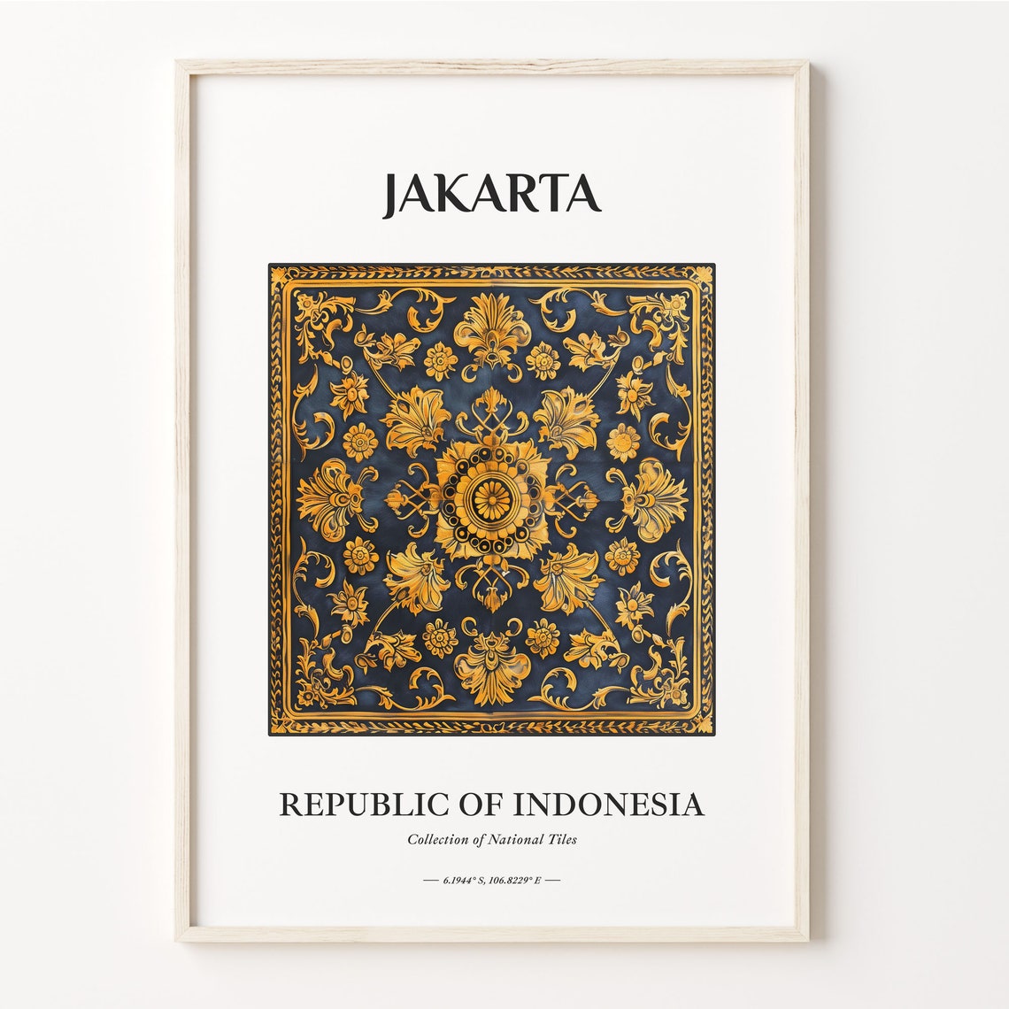 Jakarta Indonesia Gold Floral Navy Decorative Tile Art Poster