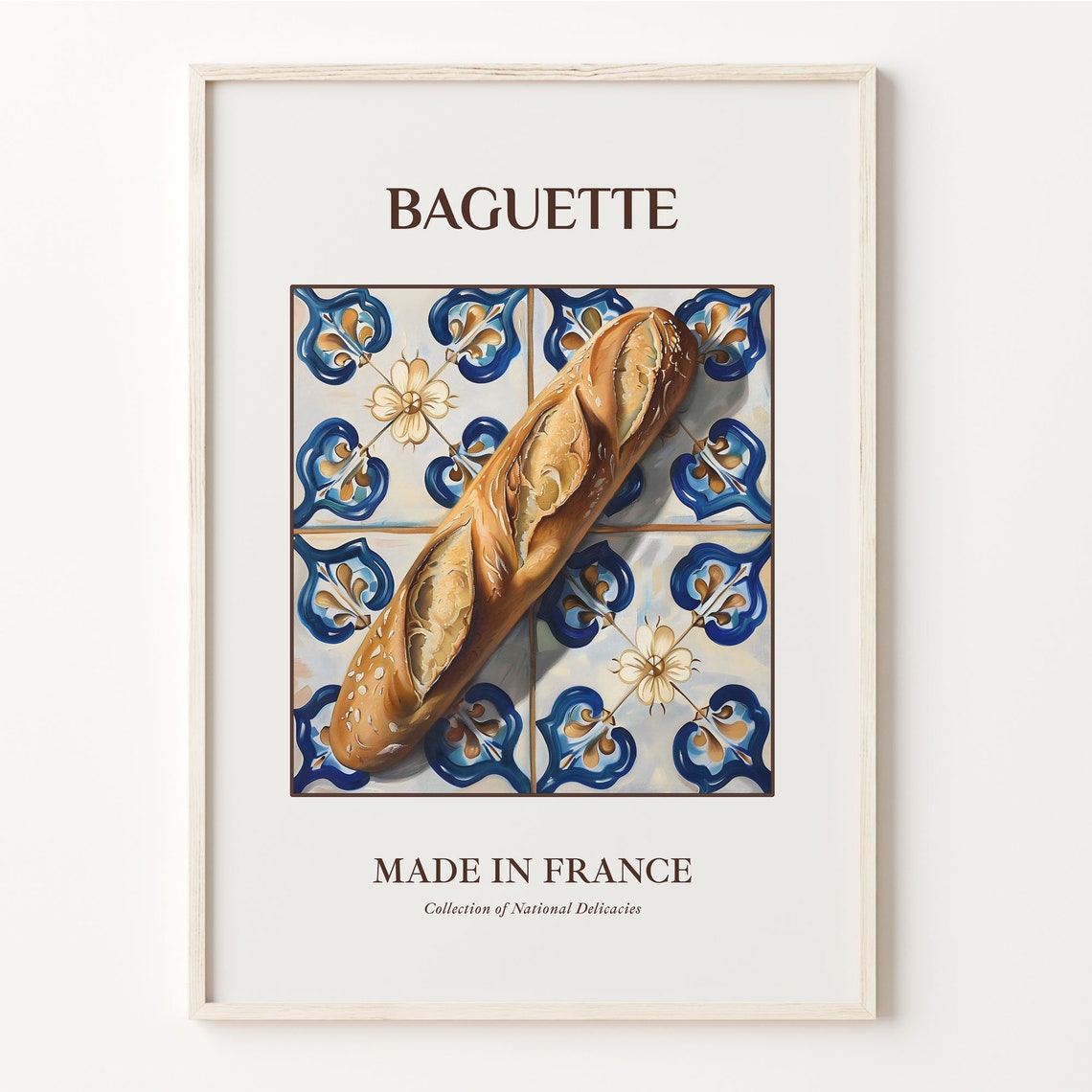 French Baguette Bread Blue Floral Tile Kitchen Decor Wall Poster