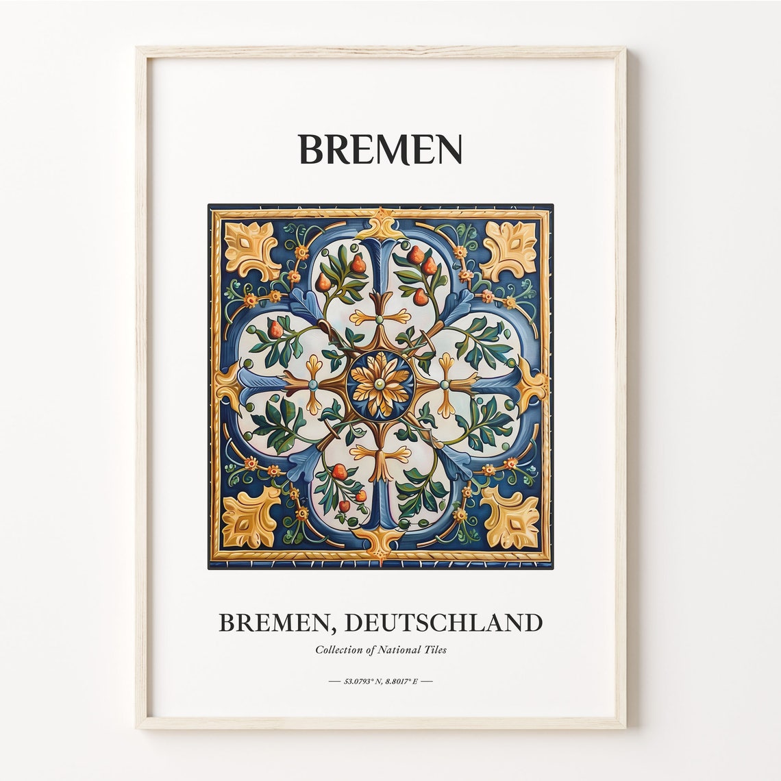 Bremen Germany Blue Gold Floral Cross Tile National Decor Poster