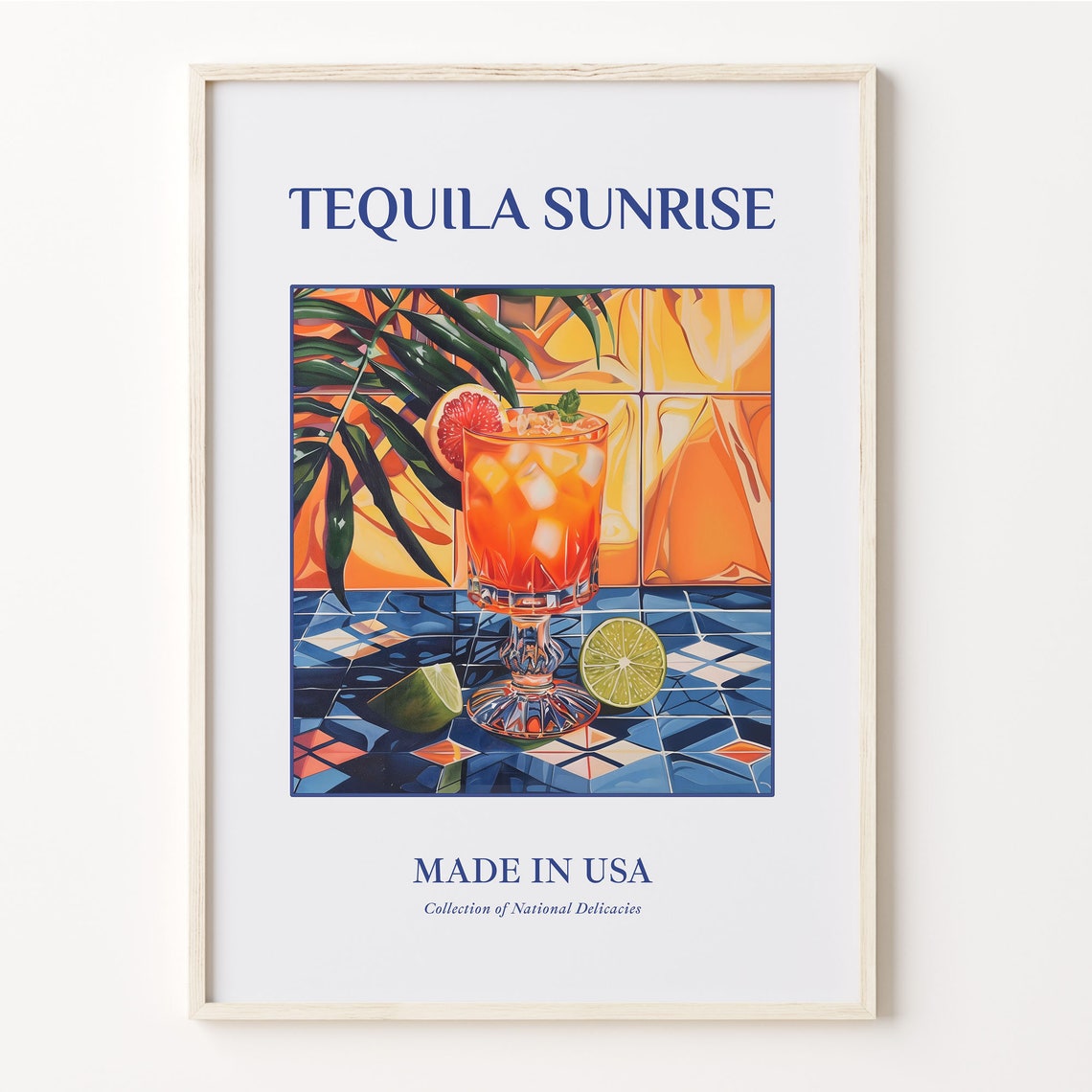 Tequila Sunrise Cocktail Orange Lime Palm Tile Art Kitchen Poster