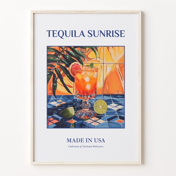 Tequila Sunrise Cocktail Orange Lime Palm Tile Art Kitchen Poster