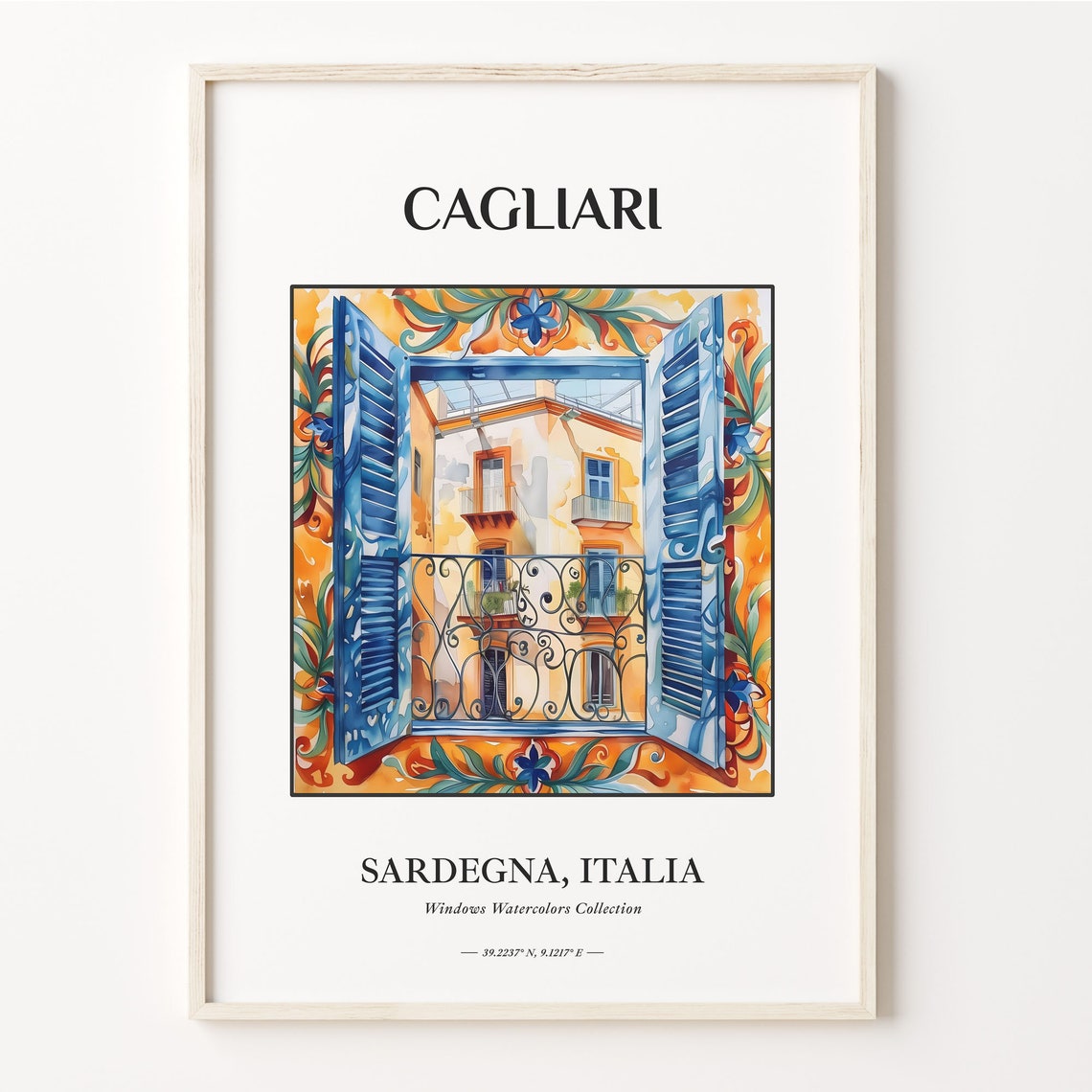 Cagliari Sardinia Italy Blue Shutter Window Watercolor Wall Poster