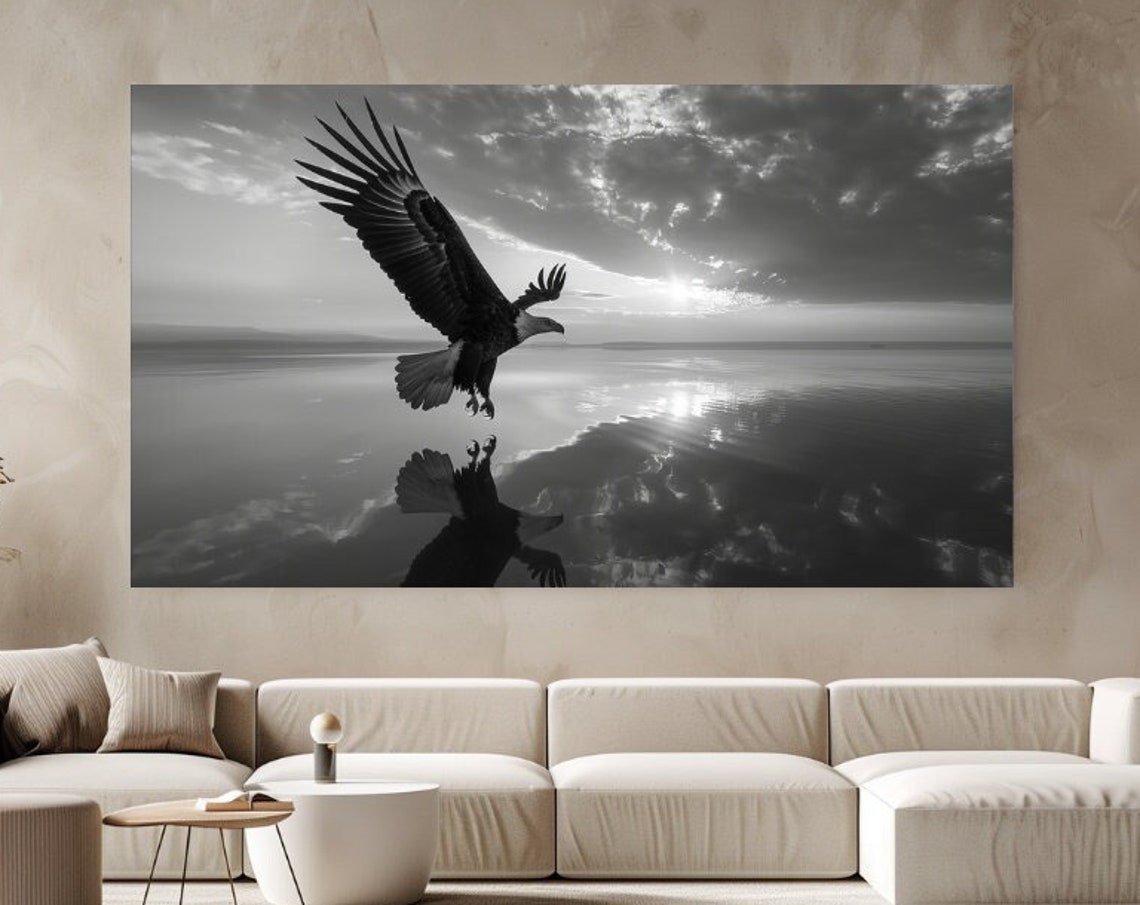 Bald Eagle Flying Over Water Black White Wildlife Photo Poster