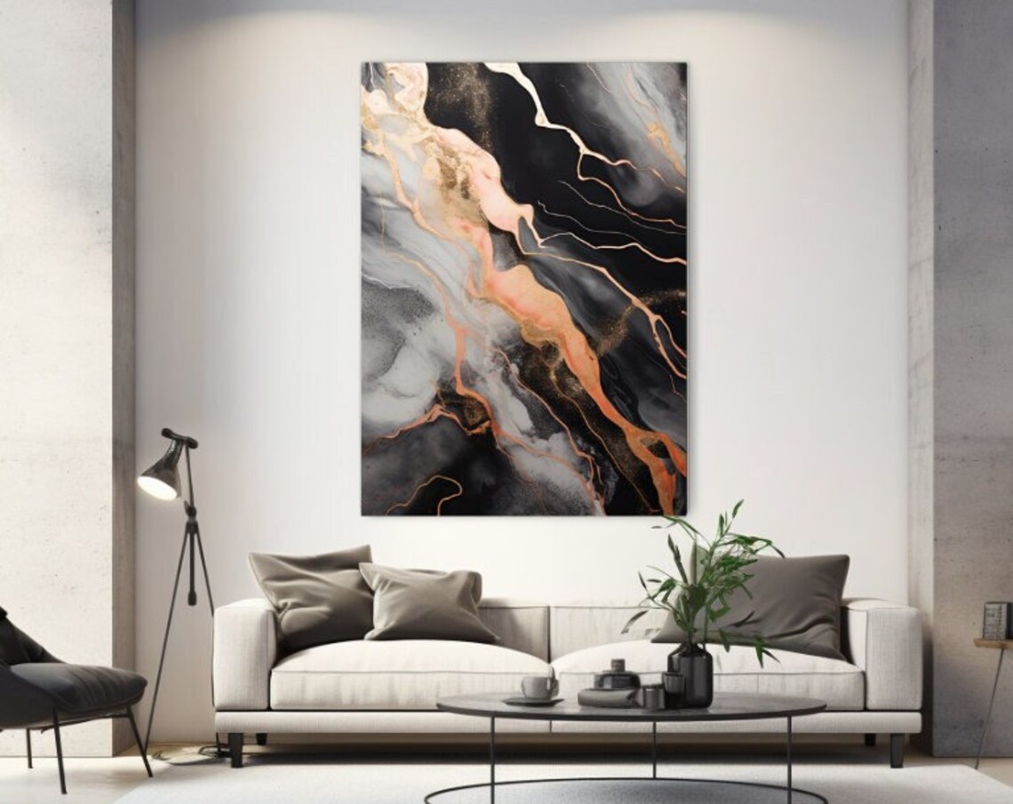 Black and Rosegold Marble Abstract Copper Veins Vertical Wall Art