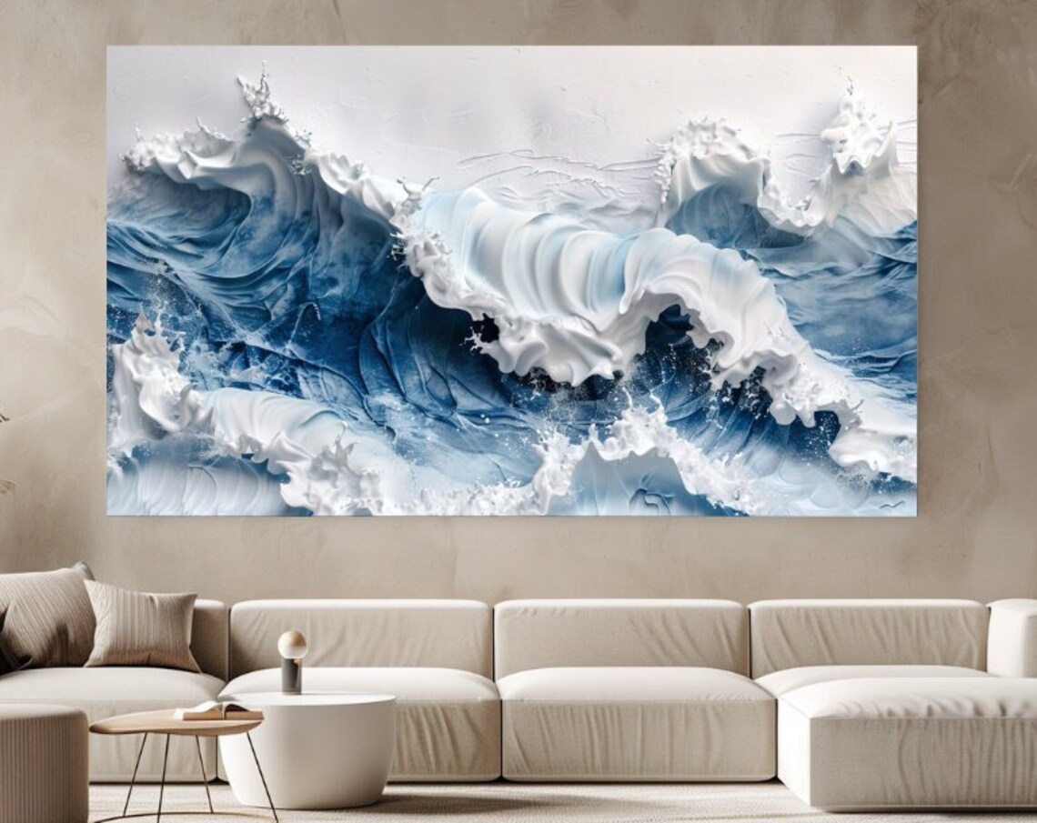 Abstract Blue and White Ocean Waves Impasto Textured Wall Art Poster