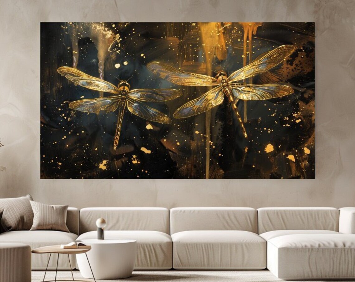 Golden Dragonflies Abstract Wall Art Print, Fantasy Decor