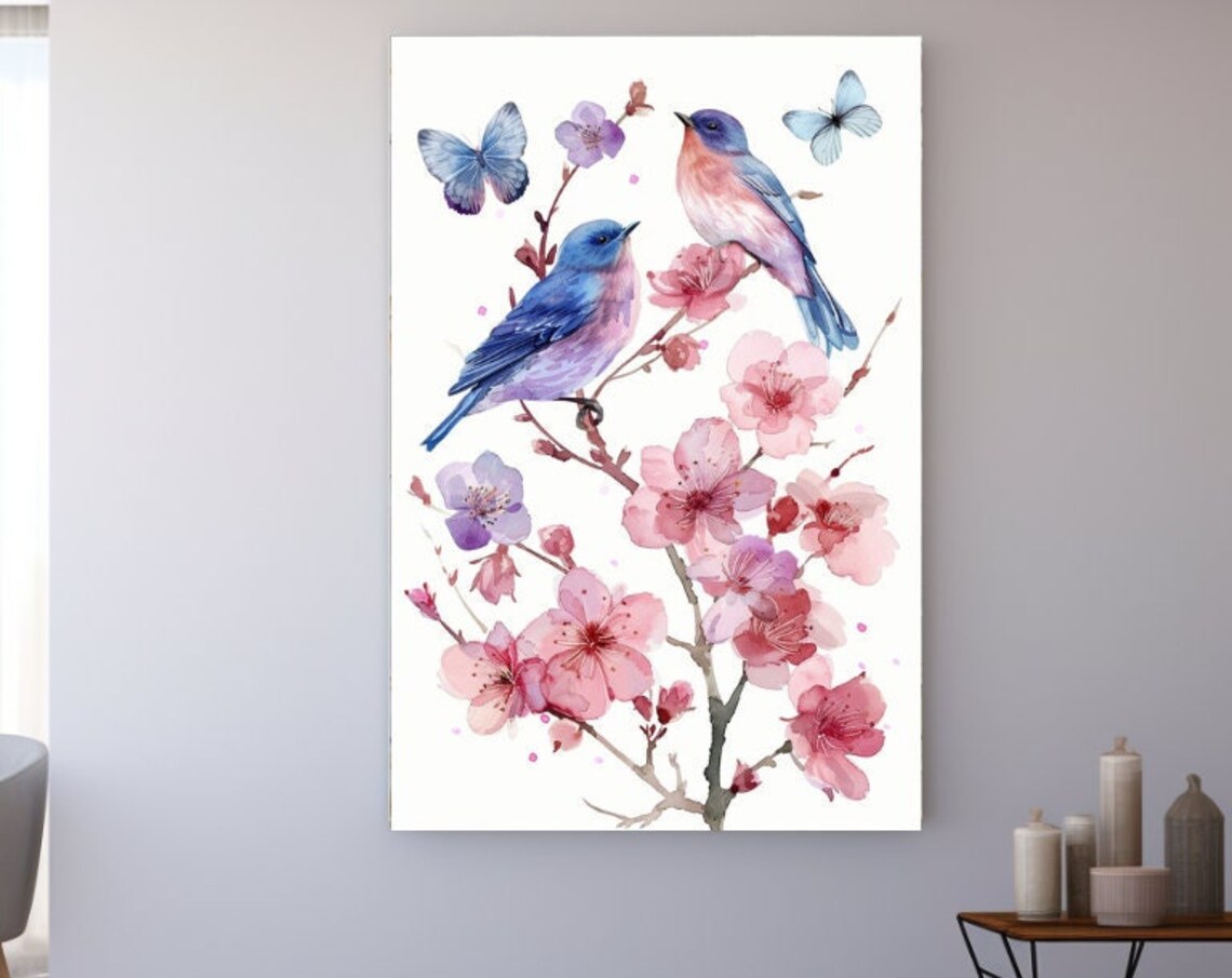 Bluebirds On Pink Blossom Branch With Butterflies Watercolor Print