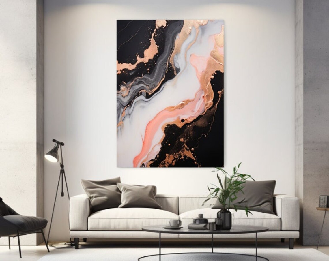 Black White Rosegold Marble Abstract Copper Veins Vertical Wall Art