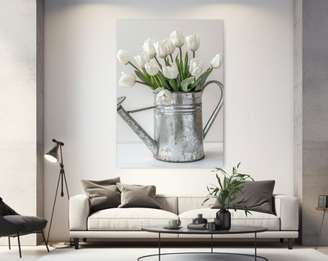 White Tulips In Vintage Watering Can Shabby Chic Floral Art Poster