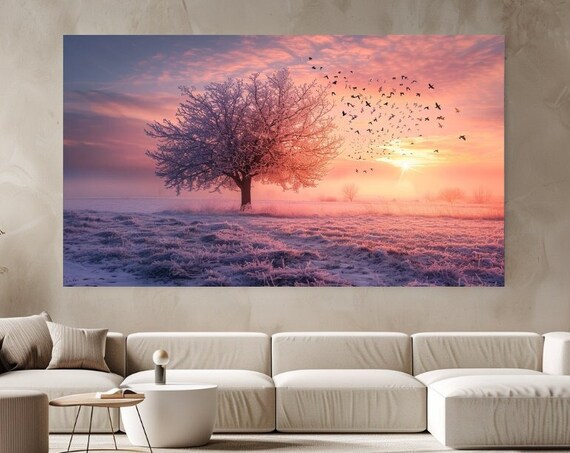 Tree In Field Pink Sky Nature Luxury Design Print Picture Home Decor Wall Art Gift Room Decor Ready To Hang