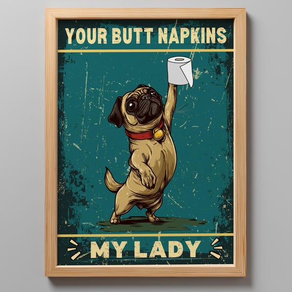 Funny Pug Bathroom Print Vintagestyle Animal Wall Art Decor Quirky Poster Greenpug