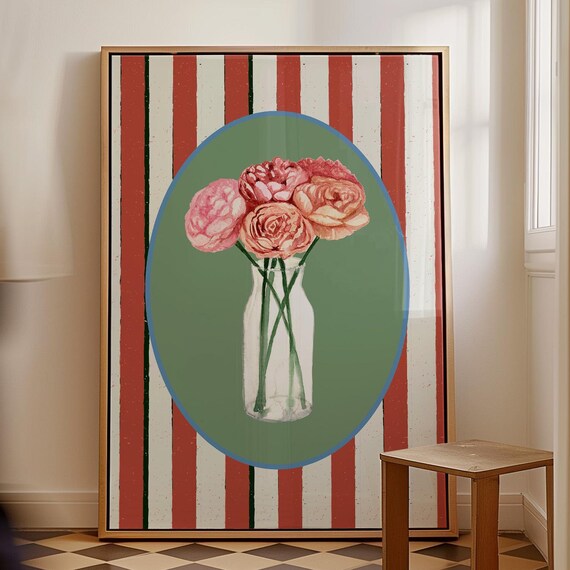 Peony Flowers In Bottle Vase On Striped Background Botanical Art Poster