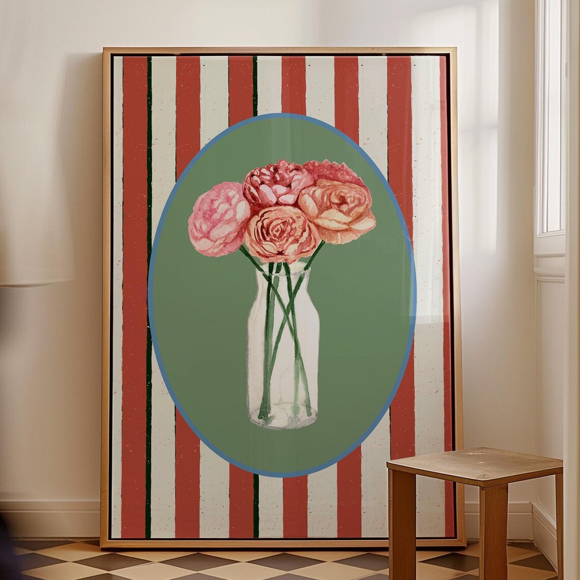 Peony Flowers In Bottle Vase On Striped Background Botanical Art Poster