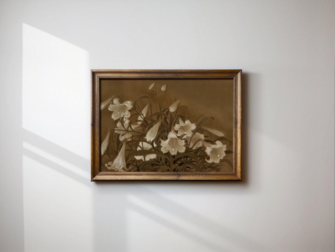 Moody Vintage White Lily Botanical Oil Painting Floral Art Print - Image 2