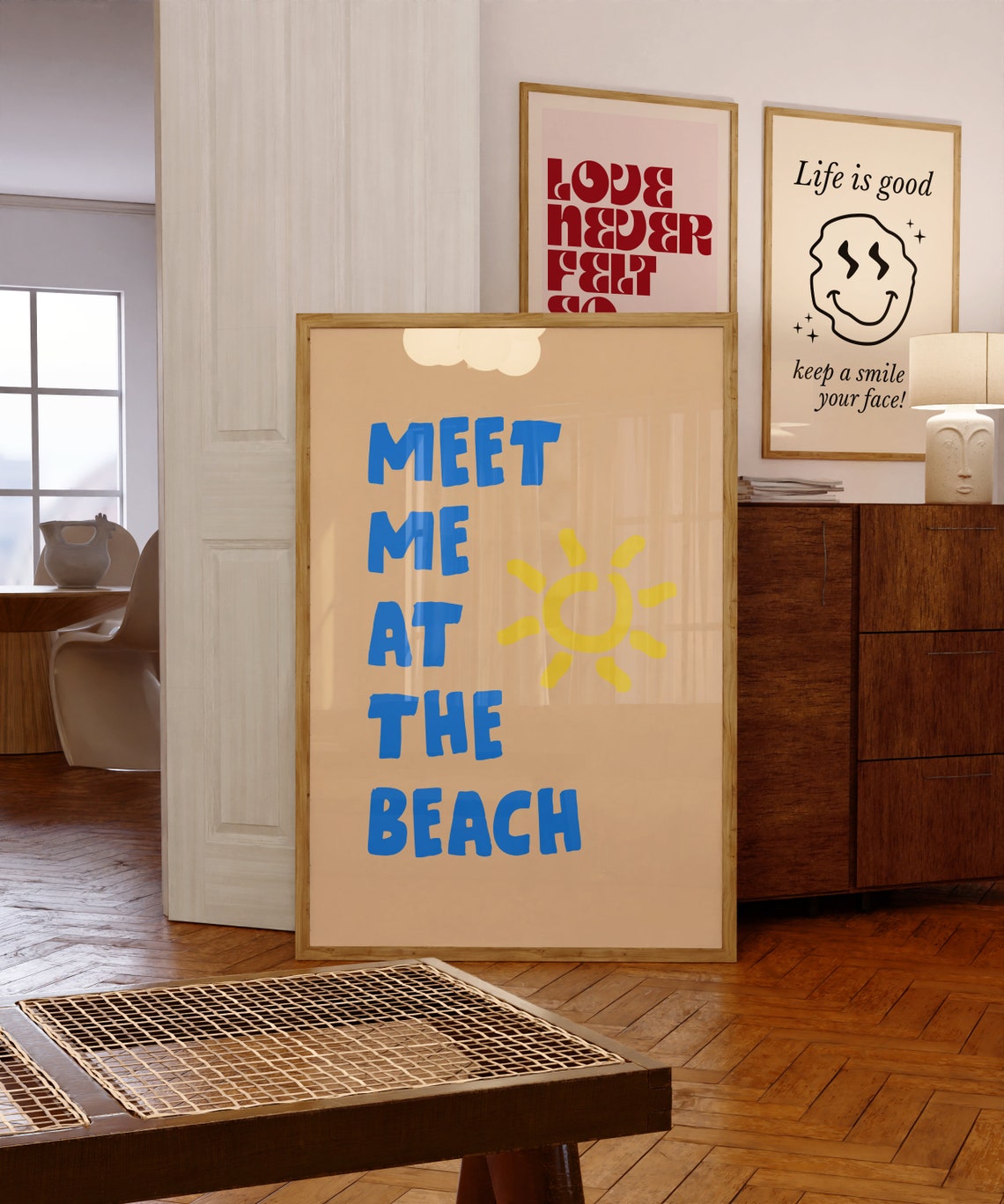 Meet Me At The Beach Bold Blue Lettering Yellow Sun Decor Poster