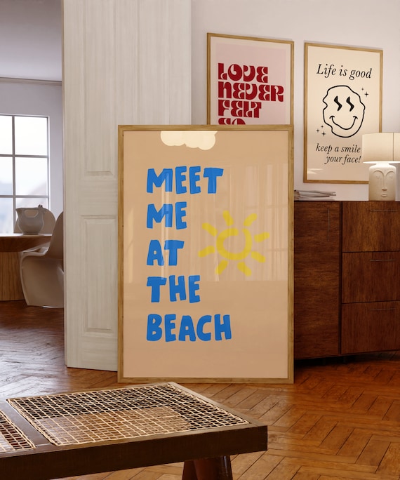 Meet Me At The Beach Bold Blue Lettering Yellow Sun Decor Poster