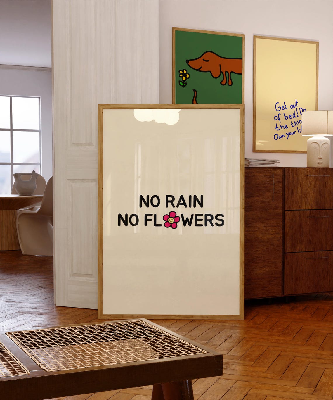No Rain No Flowers Retro Typography Positive Mindset Quote Poster