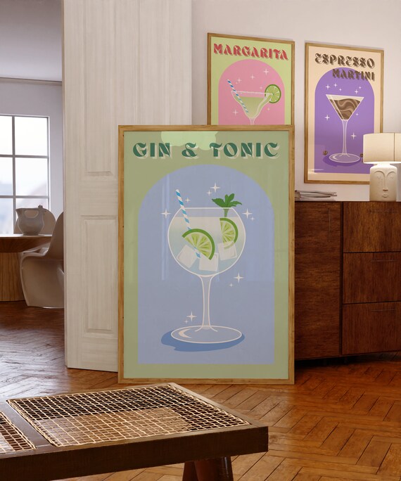 Gin and Tonic Classic Cocktail Lime Sage Green Bar Cart Poster
