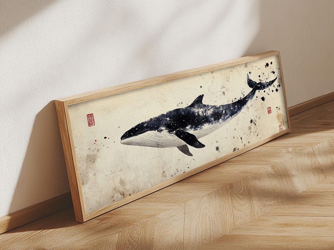 Japanese Ink Whale Watercolor Panoramic Minimalist Ocean Wall Poster - Image 5