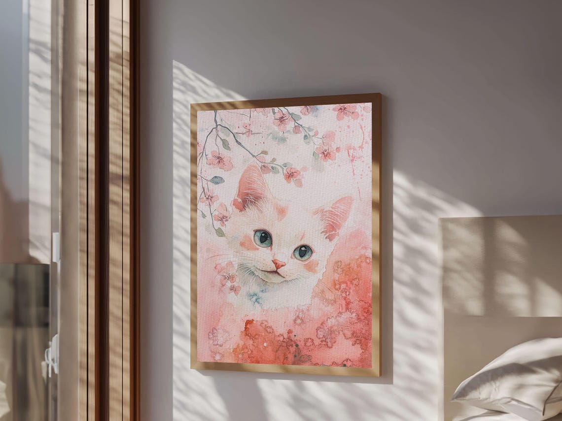 White Kitten Cherry Blossom Watercolor Cute Cat Nursery Art Poster - Image 6