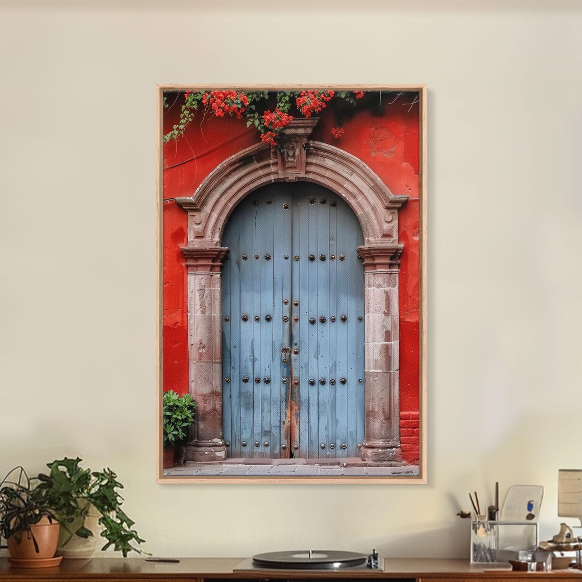 Blue Gray Wooden Double Door Stone Arch Red Bougainvillea Art Poster - Image 2