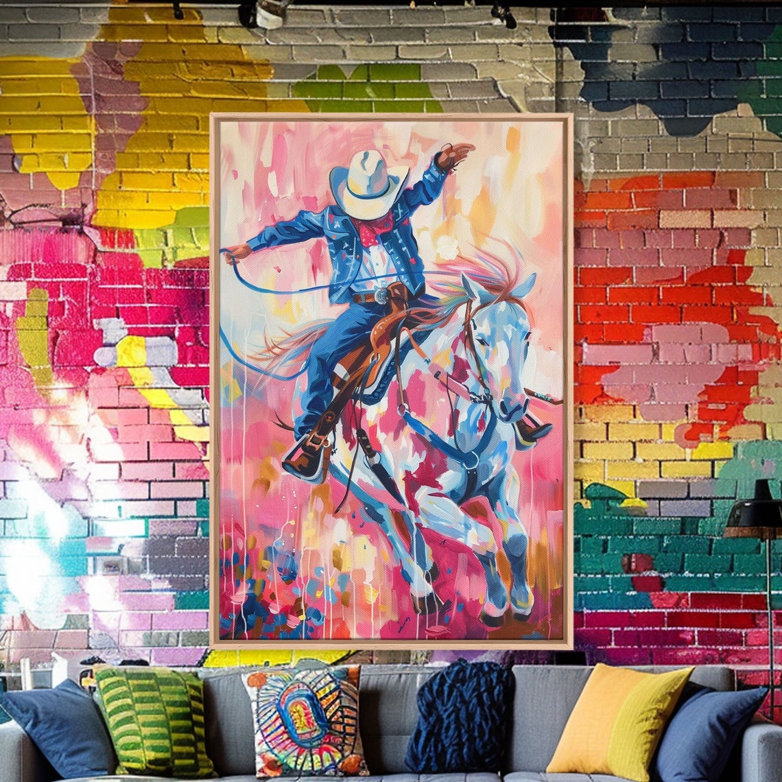 Cowboy Riding Horse In Vibrant Pink Blue And Orange Rodeo Art Poster - Image 5