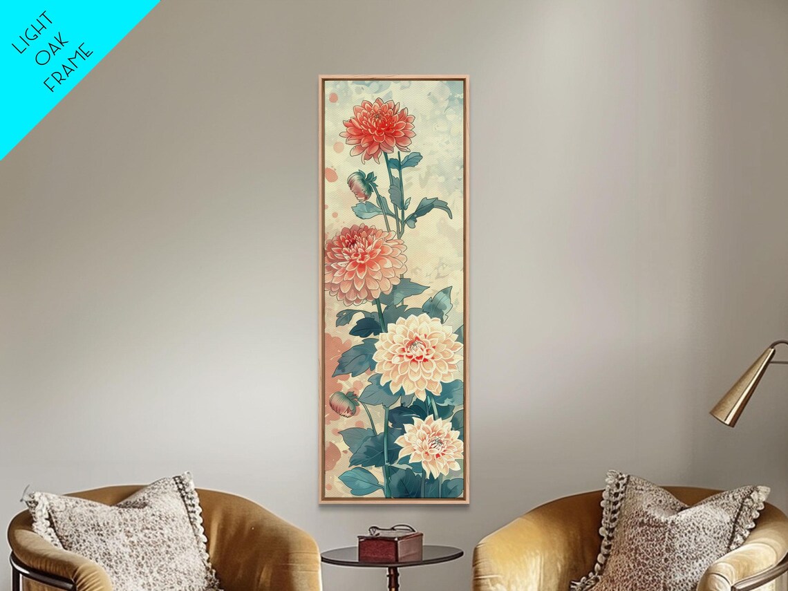 Vibrant Dahlia Flowers Red Orange Cream Tall Japanese Art Poster - Image 6