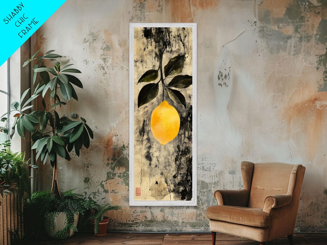 Vintage Single Lemon Dark Leaves Antique Textured Ink Wash Art Poster - Image 3