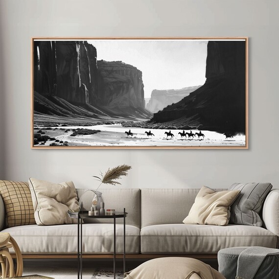 Framed Print Of Cowboys Riding Through Canyon Western Wall Art For Living Room Or Bedroom Unique Home Decor